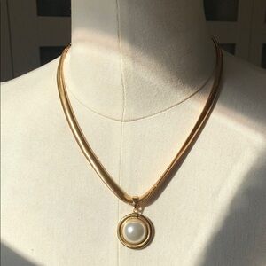 Gold and White Necklace with Pearl Pendant